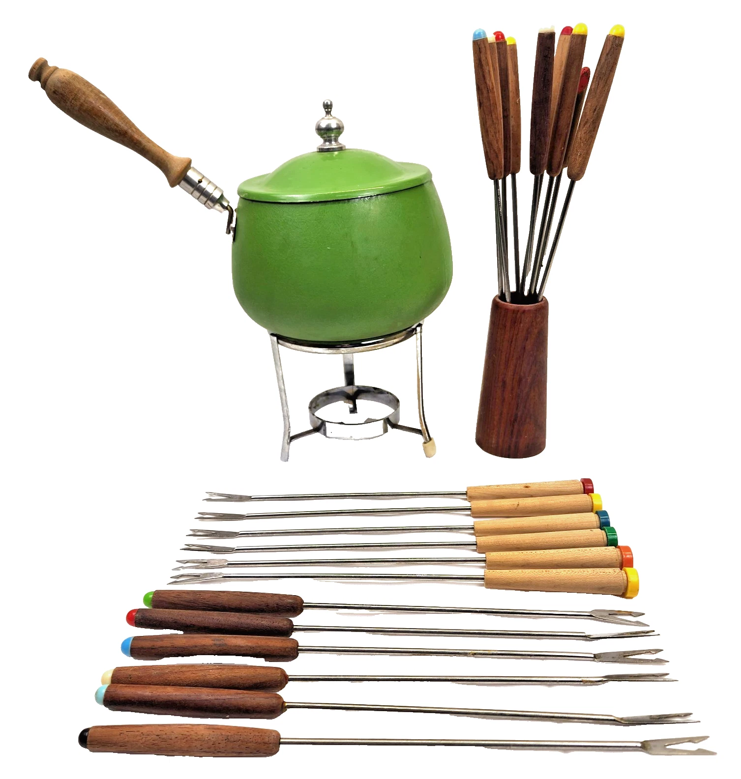 MCM Avocado Green Enameled Fondue Set - Pot Stand Tray Forks Wood Holder
Opens in a new window or ta