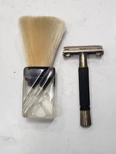 Vintage Gillete Slim Black Handle Safety Razor With Shaving Brush Pre Owned