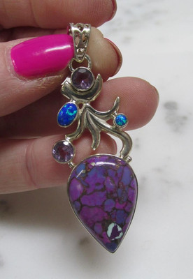 Purple Turquoise Sterling Silver Pendant w/ Fire Opal Accents ~ 8.4g ~ 3-I631