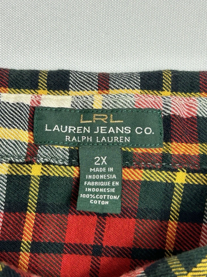 Ralph Lauren LRL Lauren Jeans Co Camisa de Franela para Mujer 2X Rojo Verde Algodón a Cuadros Foto 3 de 4