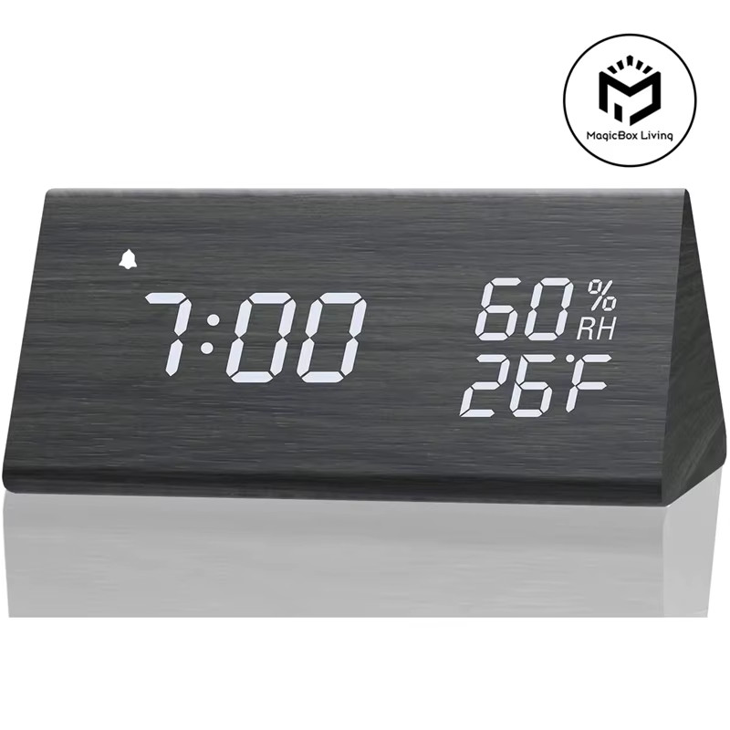 Wooden Alarm Clock LED Digital Desk Time Display Temp Humidity Voice Control USB
