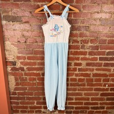 Vintage Care Bears Pajamas Girls Small Blue White Striped Jumpsuit One Piece 80s