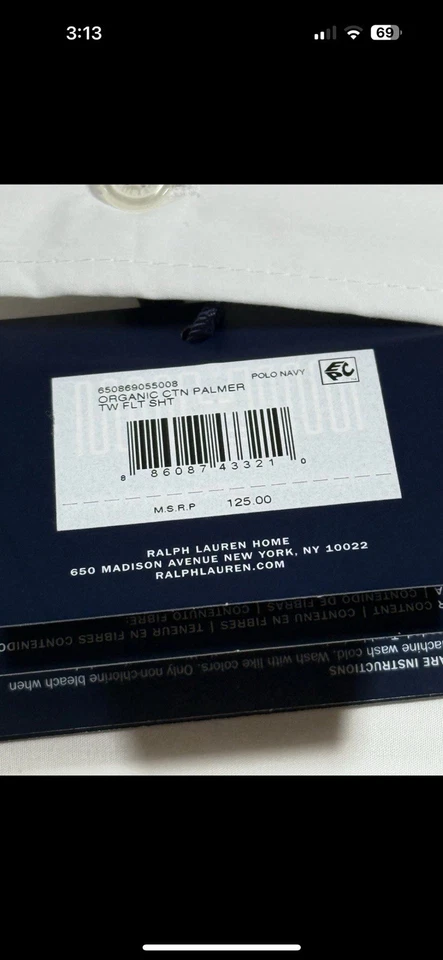 Ralph Lauren Algodón Orgánico Percal Palmer Doble Sábana Plana Blanco/Polo Azul Marino Foto 2 de 4