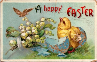 Vintage Postcard Newly Hatched Chick & Flower Bouquet...Happy Easter  1913  Z529
