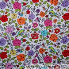 BonEful Fabric FQ Cotton Quilt White Red Purple Pink Blue Green Leaf Flower Bird