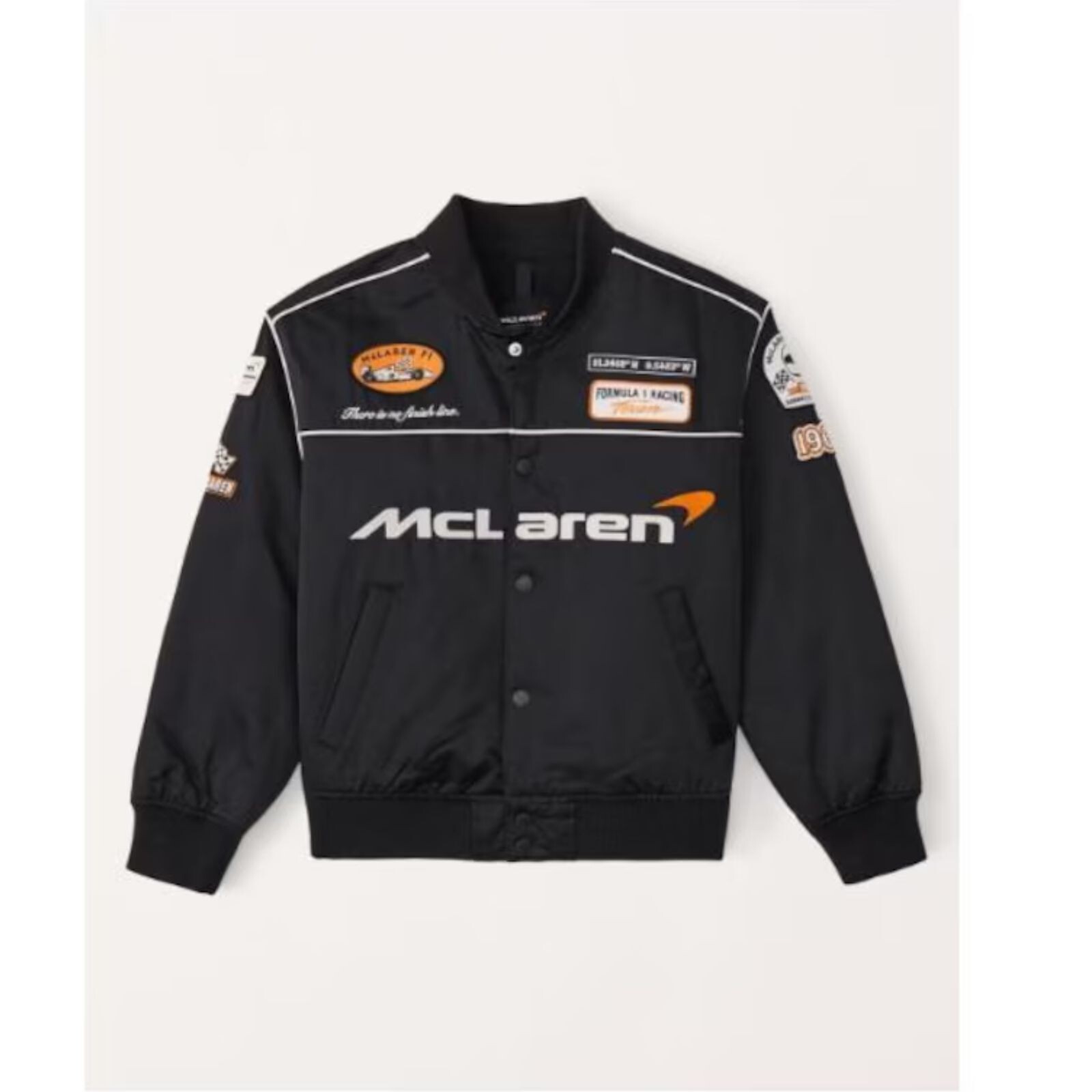McLaren Black Satin Bomber Jacket for Men with Snap Closure and Rib-Knit Details