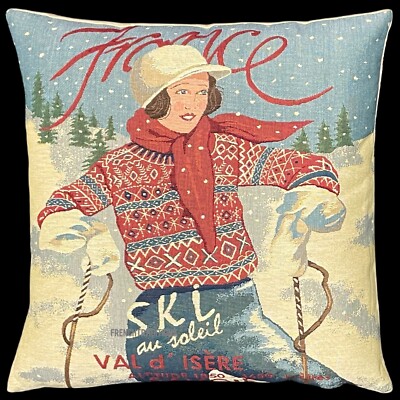 Pillow Cover Jacquard Woven Tapestry Skiing in the Alps Savoie Made In Belgium