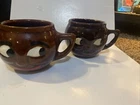 pair of McCoy USA Pottery Brown Black Smiley Face Mugs Cup Man in the Moon   !