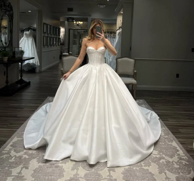 Elegant Wedding Dresses Strapless Satin White Ivory Sweep Train Bridal Gowns - Image 2 of 4