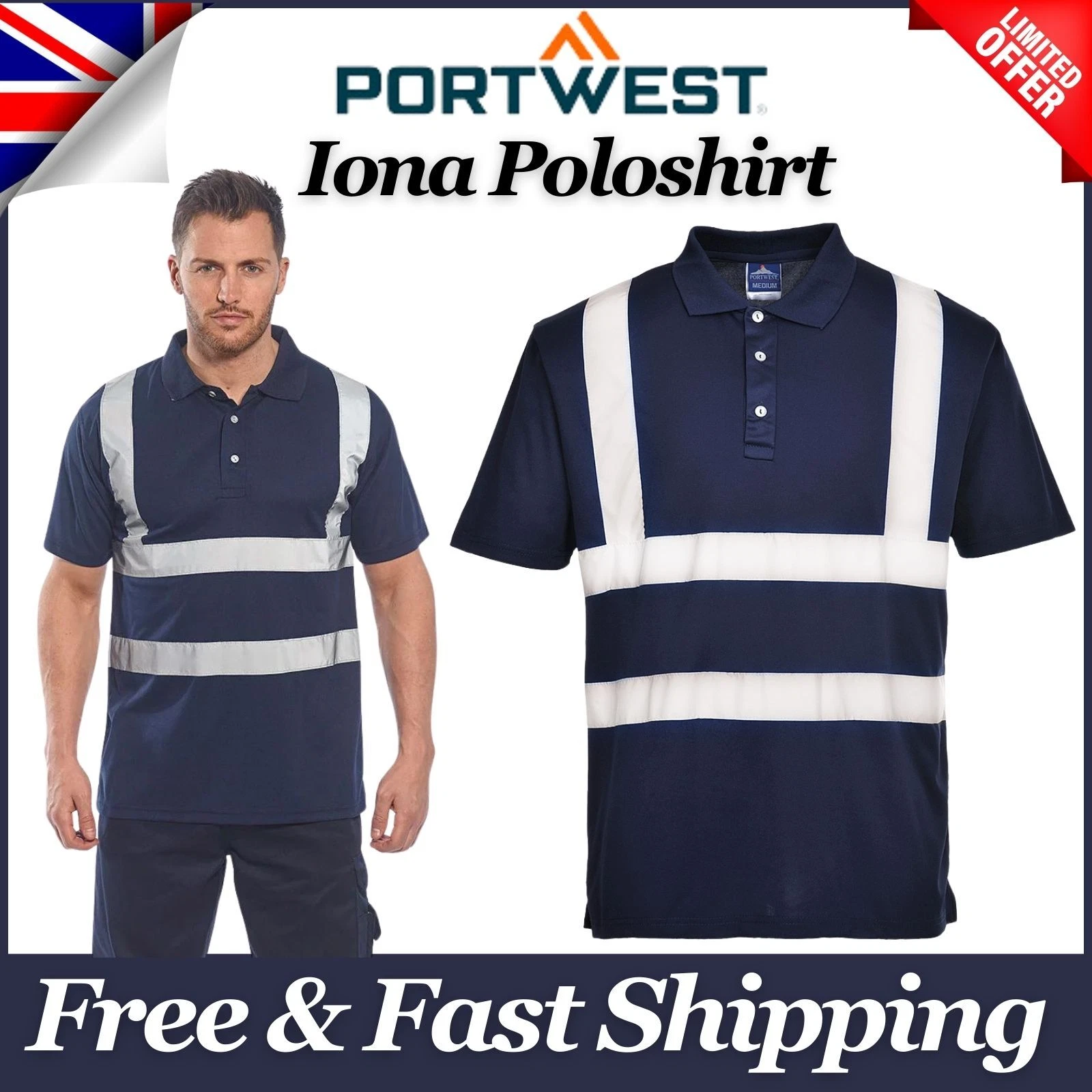 PORTWEST Mens Hi Vis Viz Iona Polo T-Shirt Reflective Wicking Workwear Safety UK