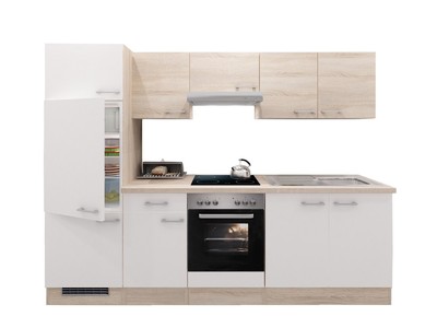 Küchenzeile 270 cm Weiß/Sonoma Eiche mit Herd, Kühlschrank & Spüle