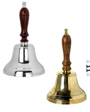Large School Reception Bell Dinner Hand Bell Wooden Handle - Chrome or Brass