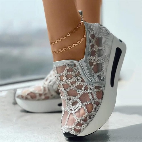 Platform Wedges Sneakers Floral Embroidery Mesh Sneakers Slip On Heeled Shoes - 第 29/41 張圖片