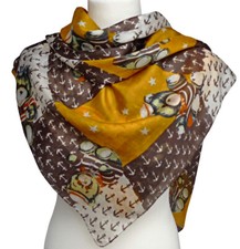 leichtes Damen Seidentuch Kopftuch Tuch Sterne Anker Bär senfgelb braun 1189