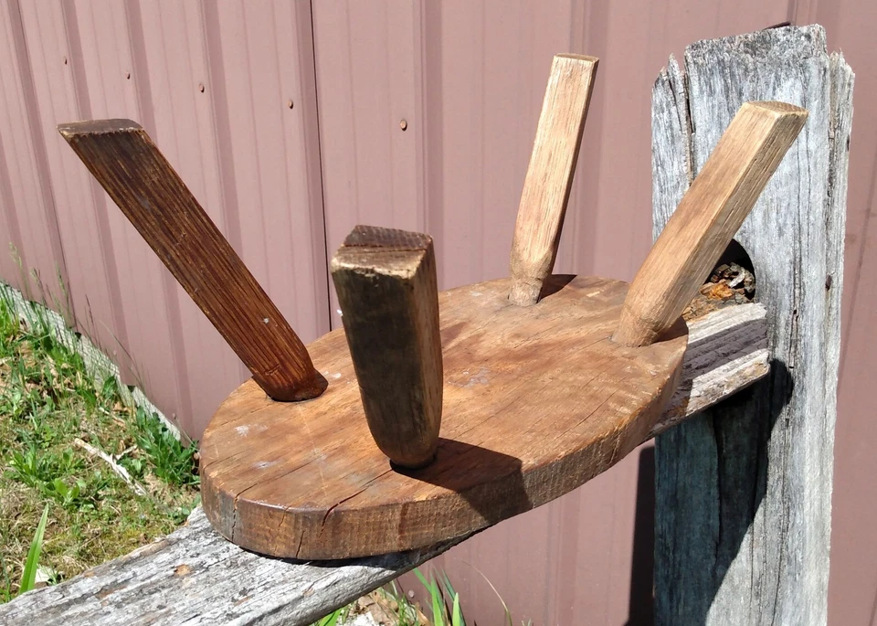 Antiguo taburete primitivo de roble ovalado de la década de 1860 arte popular decoración de granja Foto 3 de 4