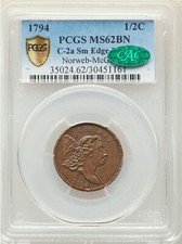 1794 LIBERTY CAP 1/2 PCGS MS 62 BN