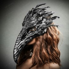 Halloween Silver Bird Curved Nose Feather Plague Doctor Venetian Masquerade Mask