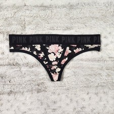 Victoria's Secret PINK Cotton Thong Panty - Floral Black and Pink - Medium