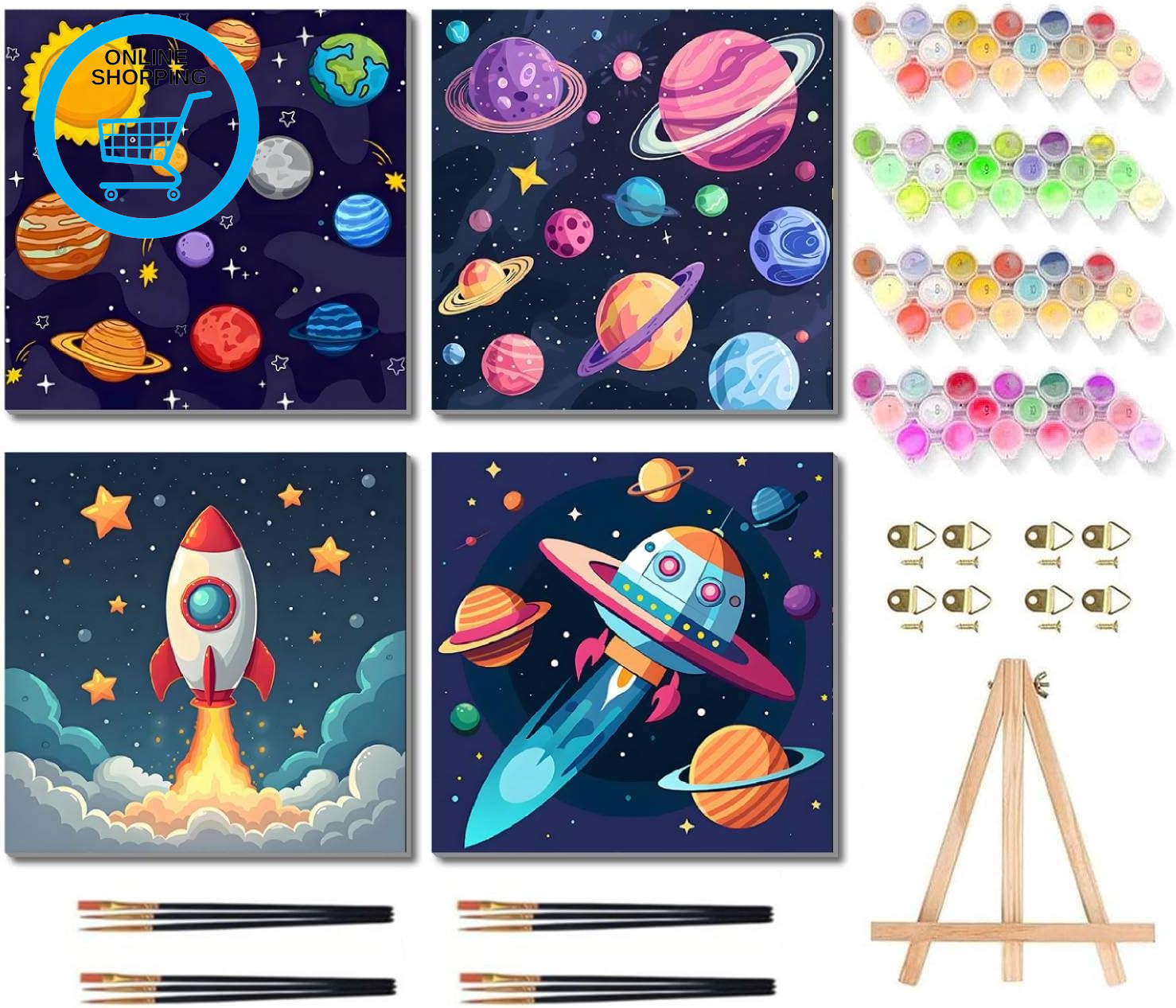 4 Pack Paint by Numbers for Children with Wooden Frame, Outer Space Painting by