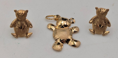 14k Gelbgold entzückender kleiner Teddybär Charm Anhänger & Ohrringe