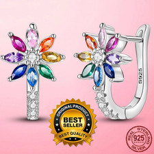 Women s Flower Hoop Earrings Rainbow Zirconia Silver Jewelry Gift