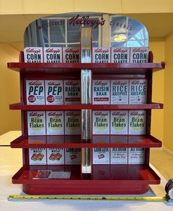 Vtg Kellogg's Mini Cereal Red Metal & Chrome Display Rack w/ Insert, Circa 1950s