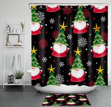 Red and Green Gnome Black Christmas Shower Curtain Bathroom Accessories Set