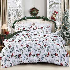 Christmas Duvet Cover Set Queen Size 3 Pieces, Christmas Poinsettia Redbird P...