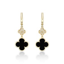 Black Onyx Flower Dangle Drop Earrings for Women Gold Plated Silver Hinge Post