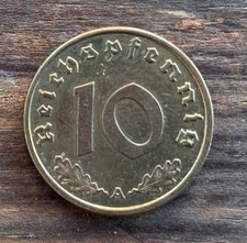 German Brass WW2 10 Reichspfennig Coin 1938 A