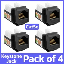 4 Pack Cat5e Keystone Jack Black Ethernet Jack Network Connector RJ45 Coupler