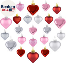 24Pcs Valentines Day Heart Ornaments, Classic Red Pink Silver Shaped Hanging Bau