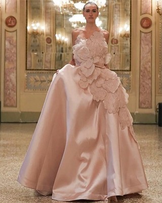 Elegant Pink 3D Beaded Evening Dresses Princess A Line Strapless Cocktail Dress