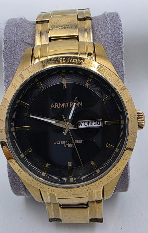 Armitron Men's Gold-Tone Watch (Model 20/5174GP) – Black Dial, Day/Date – New Ba