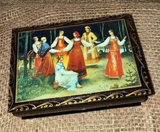 RARE BOÎTE À THÉ EN LAQUE RUSSE BOYARINOFF PEINTE À LA MAIN PALEKH G & K A9 