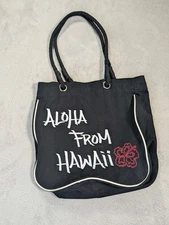 Hilo Hattie Aloha From Hawaii Tote Bag Black Canvas Rope Handles Embroidered 