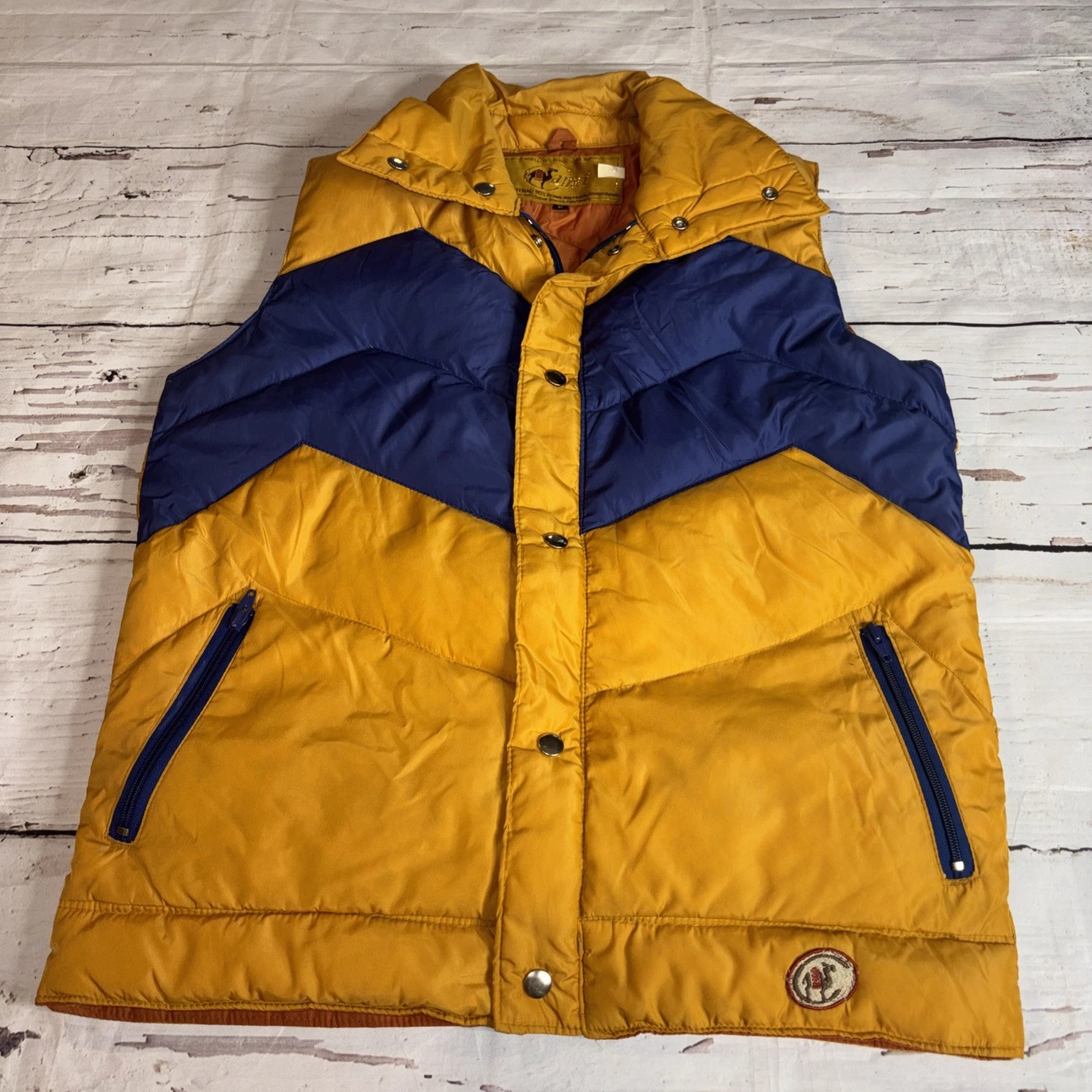 VINTAGE Camel Vest Men Medium Yellow Goose Down Puffer Quilted 70s 80s (J3)