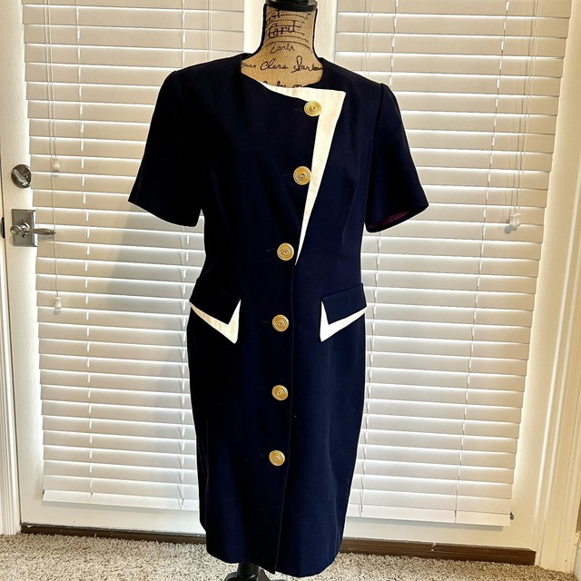 Vintage 70s 80s Junniette Sz 10 Navy Blue Button Down Sheath Sailor Pinup Dress Vintage 70s 80s Junniette Sz 10 Navy Blue Button Down Sheath Sailor Pinup Dress