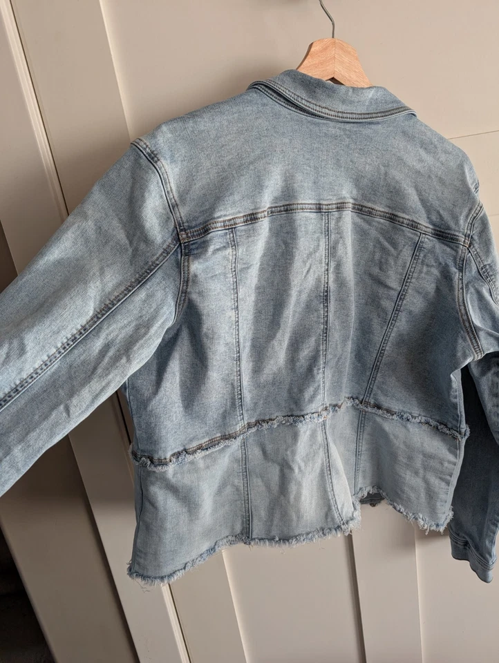 TRIBAL JEANS Chaqueta Mujer XL Elástica Corte Dobladillo Crudo Denim Envejecido Lavado Ligero Foto 3 de 4