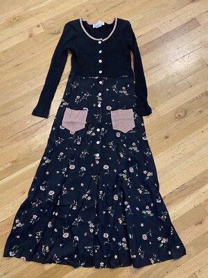 Vintage 90 s Grunge Black Floral Button Front Dress Decked Out Medium Ribbed Top
