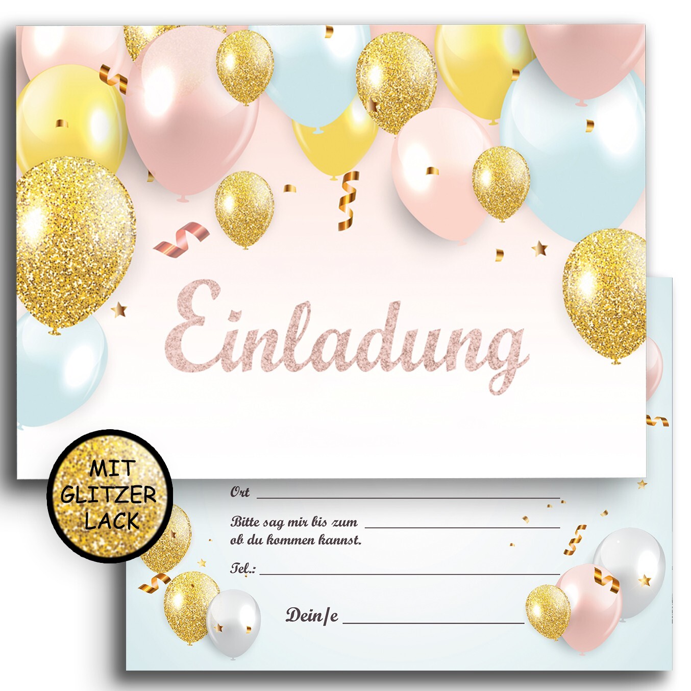 Einladungskarten Set Glitzer Luftballons Geburtstag Kinder