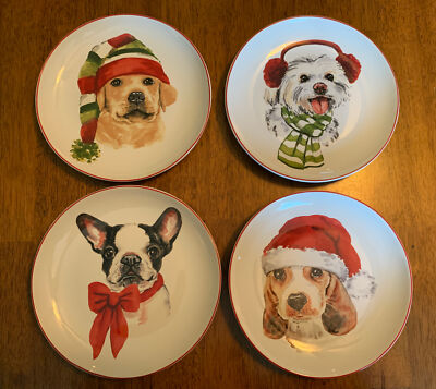 Pier Imports Christmas Puppies Dogs Holiday 8'' Dessert Salad Plates Set  of