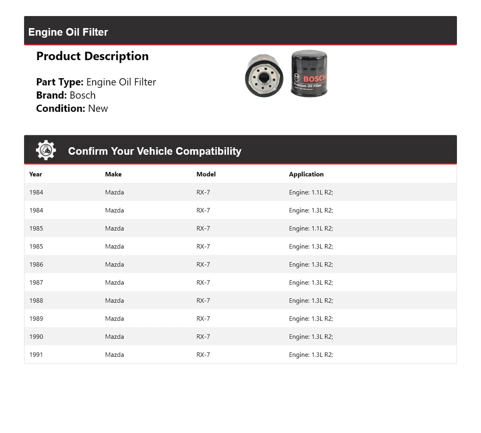 Filtro de aceite premium para Mazda RX-7 1984-1991 Bosch 1985 1986 1987 1988 1989 1990 Foto 2 de 3