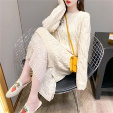 Women Cable Knit Dress Sweater Jumper Long Sleeve Spliced Lace Loose Warm Casual