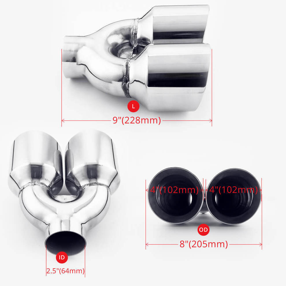Stainless Steel QUAD 4 Out 3 Inlet 9 Long Dual Wall Exhaust Tips Dual Wall