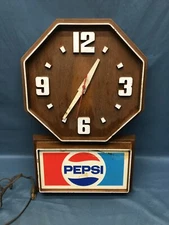 Vintage 1980’s Pepsi Hanging Wall Clock Sign Advertisement Wood Grain Plastic