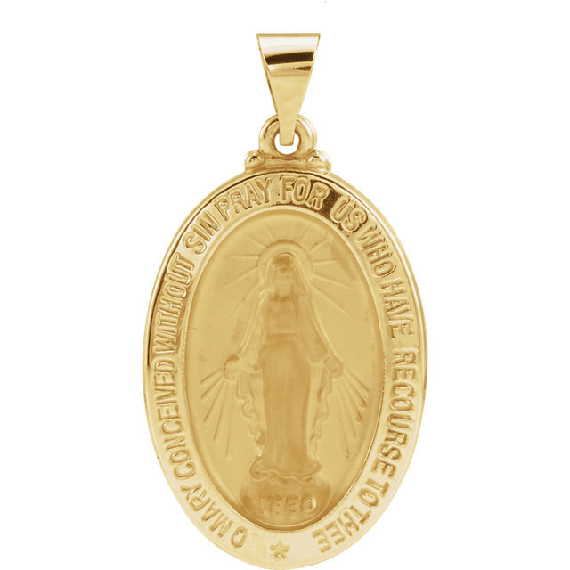 14K Yellow Gold 25x18mm Oval Miraculous Mary Pendant Medal w ...
