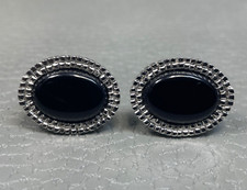 Vintage Onyx Beaded Border White Gold Plated Cuff Links