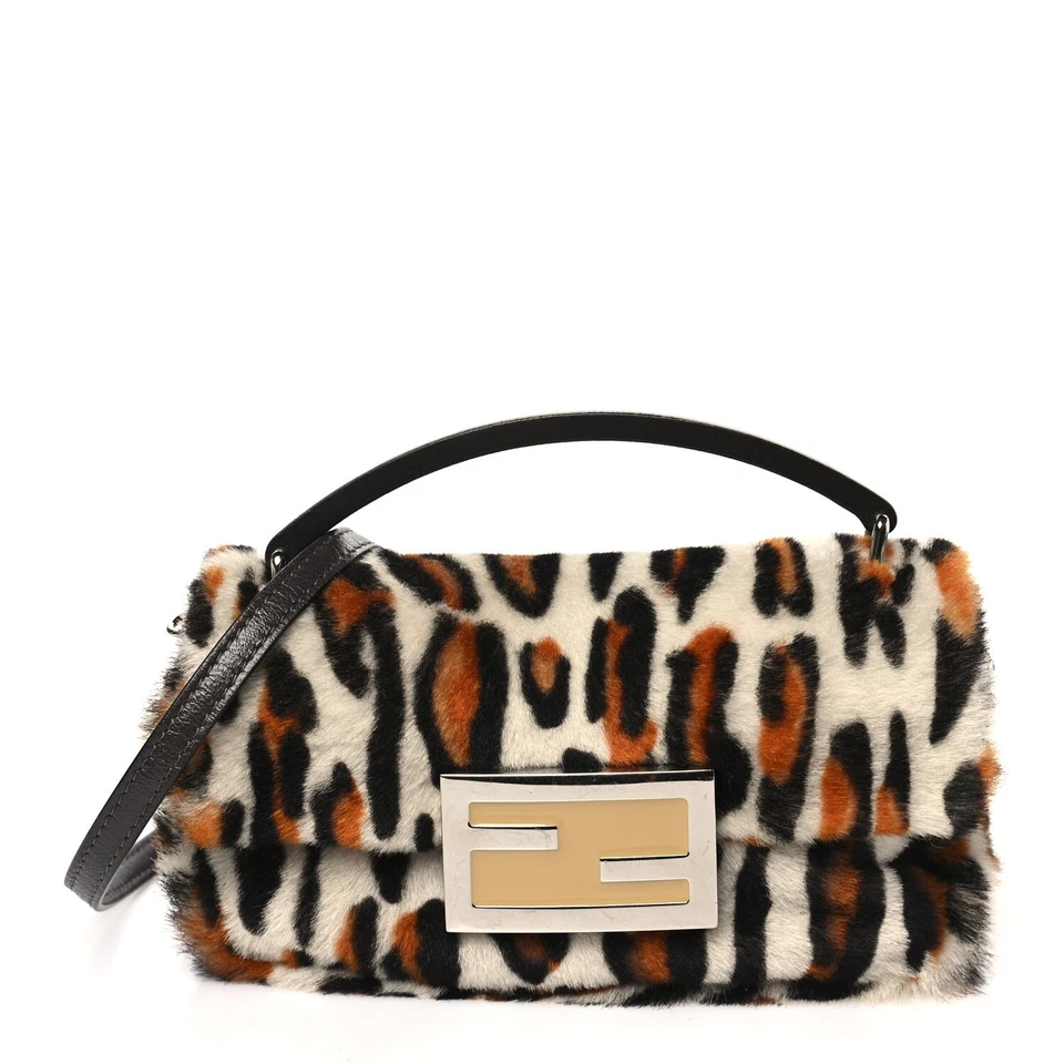 Bolso Bandolera Fendi Cabello de Becerro Estampado de Leopardo Teléfono Baguette Moro