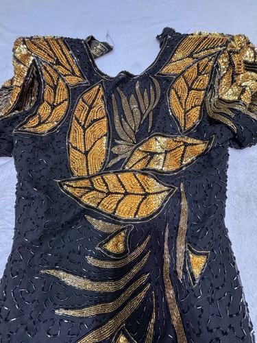 Vintage Dress Beaded Eve’s Allure cocktail sequin gold black Small Shoulder Pad - Picture 7 of 20